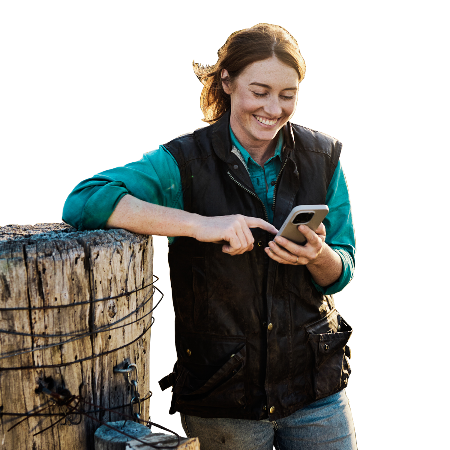 Smiling farmer on device