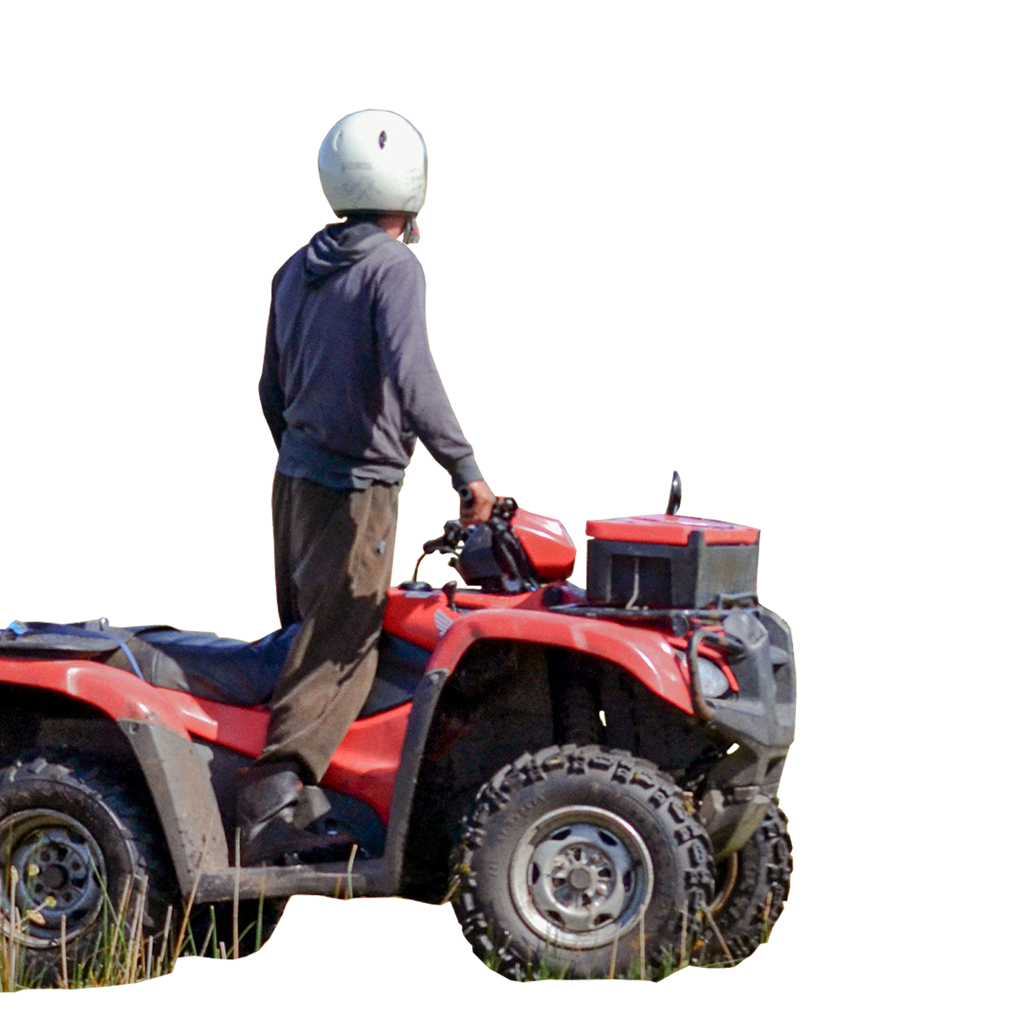 Farmer following health & safety practice by wearing helmet on quad bike