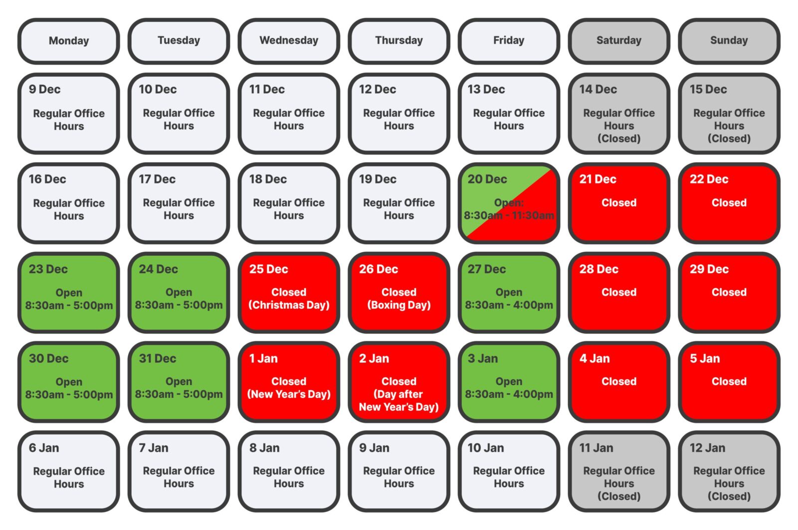 AgriSmart Holiday Hours Calendar